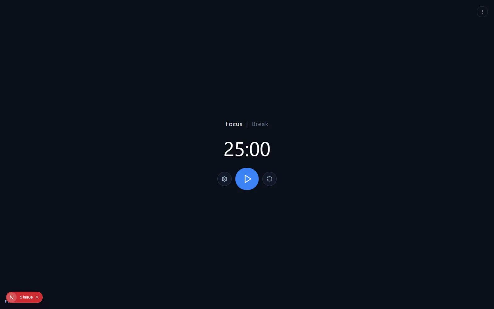 Screenshot of the Focus Realm timer: one dark, minimal scene with a large countdown