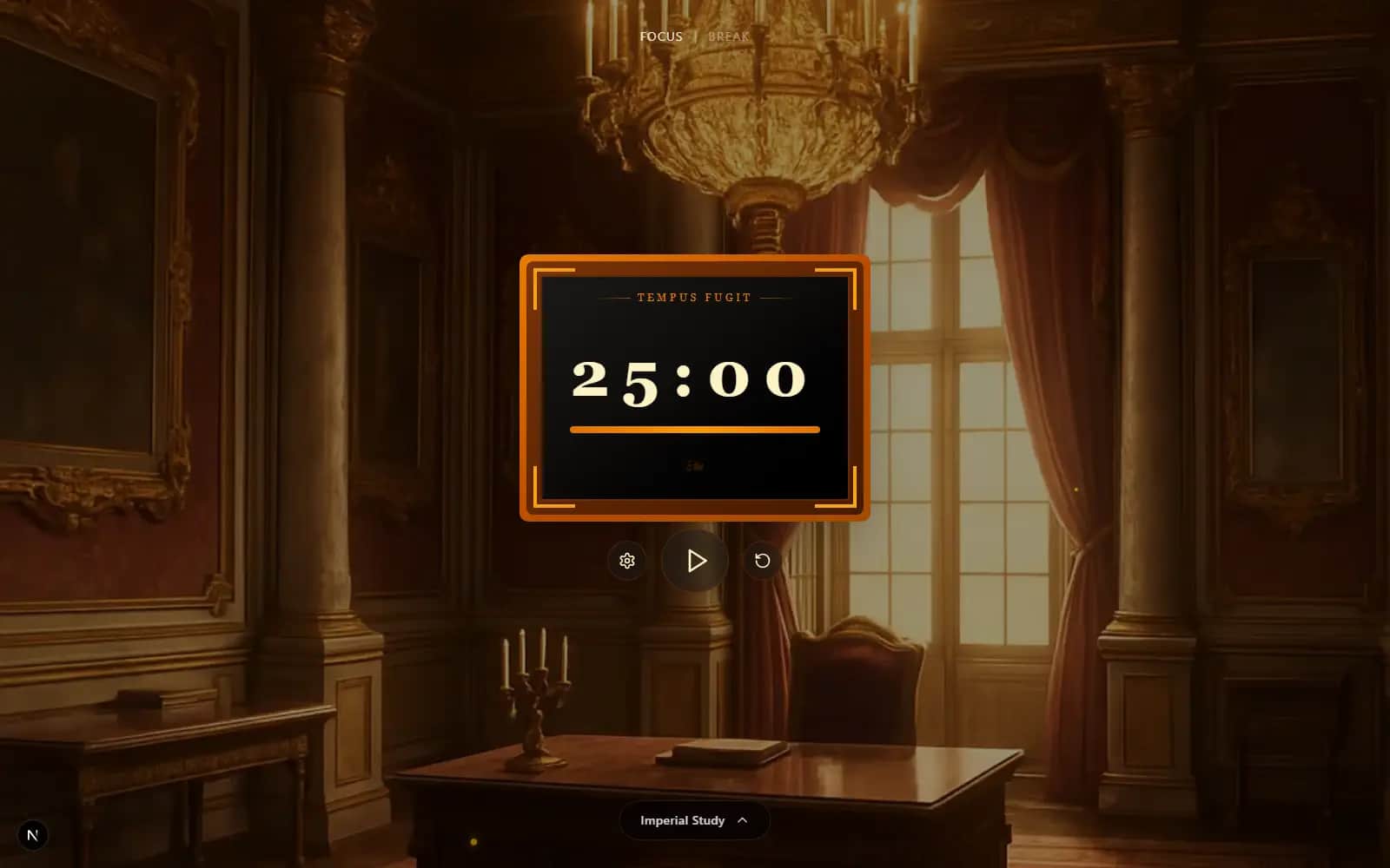 Screenshot of the Imperial theme: a candlelit marble hall behind the timer