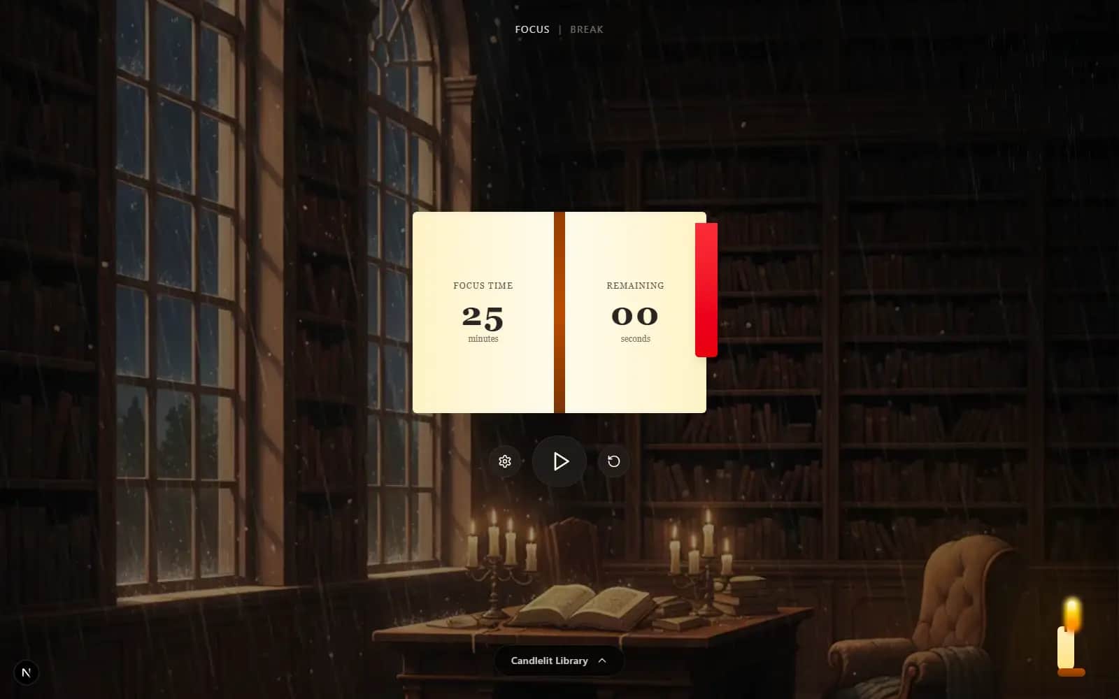 Screenshot of the Library theme: a quiet reading room behind the timer