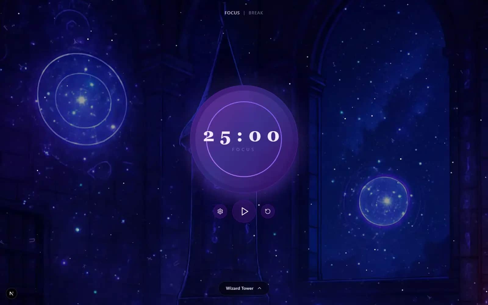 Screenshot of the Wizard theme: an arcane study behind the timer
